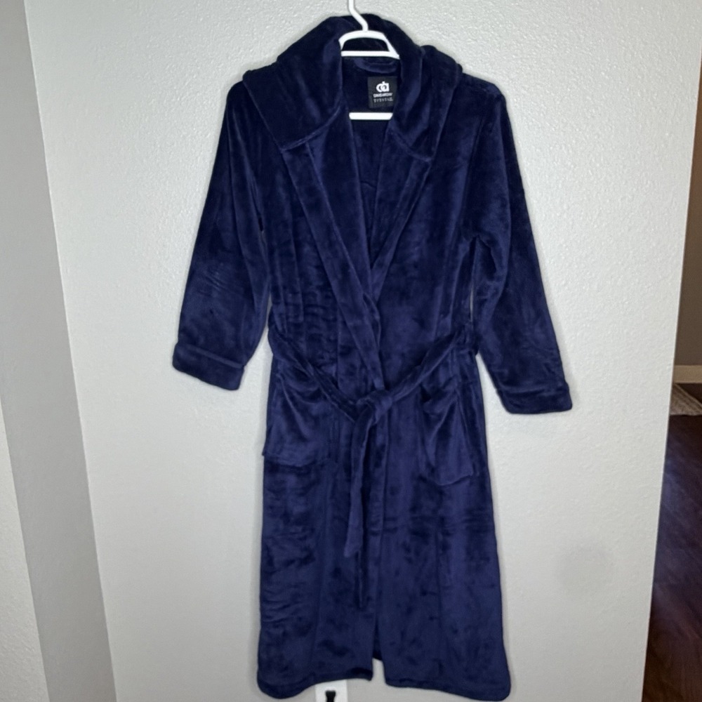 David Archy Plush Robe Mens S Navy Blue Soft Lounge Bathrobe Belted Cozy Hood